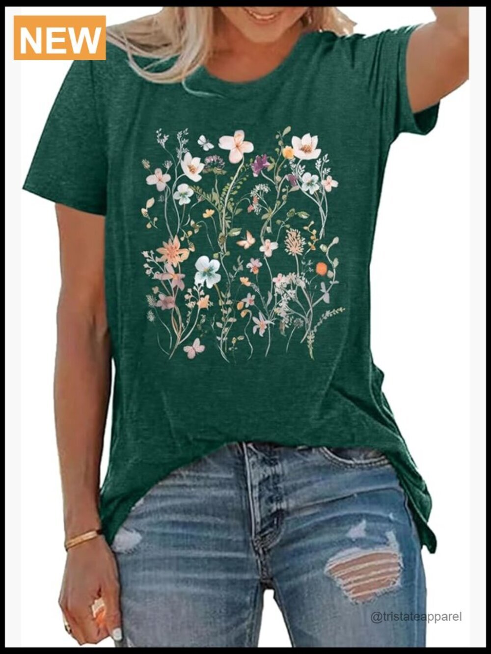 Women Graphic Floral Ringer T-Shirt Crew Neck Cotton Blend Tee